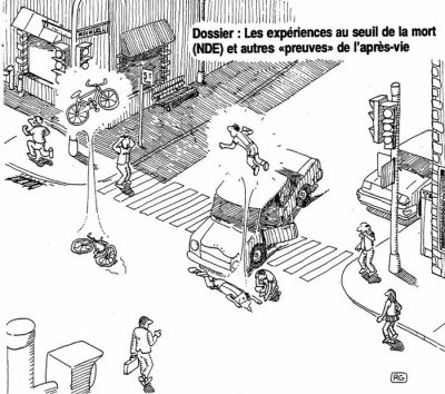 Dossier : les expériences au seuil de la mort (NDE) et autres « preuves » de l’après-vie. À un carrefour, les victimes d’un accident — automobilistes, cycliste, piétons — flottent au-dessus de leur corps.