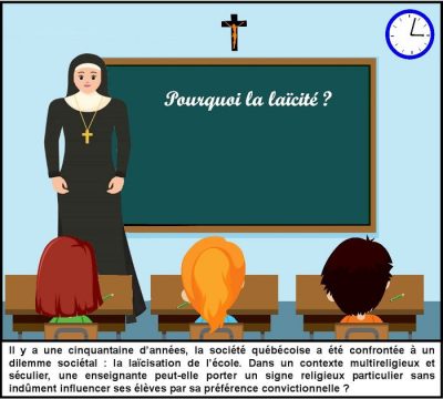 Pourquoi la laïcité ? Une religieuse en habit enseigne devant trois élèves. Il y a une cinquantaine d’années, la société québécoise a été confrontée à un dilemme sociétal : la laïcisation de l’école. Dans un contexte multireligieux et séculier, une enseignante peut-elle porter un signe religieux particulier sans indûment influencer ses élèves par sa préférence convictionnelle ?