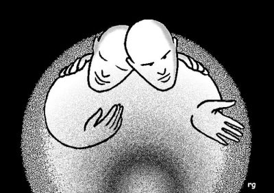 Deux silhouettes chauves aux visages presque identiques s’étreignent au creux d’une sphère lumineuse.