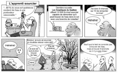 L’apprenti sourcier, en six cases. Un homme lit : « …90 % du sous-sol québécois contient de l’eau à une profondeur raisonnable. » La radio : « Dernière nouvelle : Les Sceptiques du Québec offrent 10 000 $ à tout sourcier capable de démontrer qu’il peut trouver de l’eau dans le sol avec une branche de noisetier ! » — « J’ai donc 9 chances sur 10 de remporter la mise ! Héhéhé ! » — « Bonjour, je suis un sourcier… je voudrais relever votre défi ! Je suis sûr que je peux trouver de l’eau. » — « Pas de problème… Sauf que le test ne consiste pas à trouver de l’eau… mais à trouver 9 endroits où il n’y a pas d’eau ! »