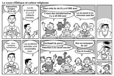 Le cours d’Éthique et culture religieuse, en dix cases. L’enseignant : « Aujourd’hui, l’origine de la vie ! La vie a commencé il y a 3,5 milliards d’années… » Les élèves : « Dieu créa la vie il y a 6 000 ans ! », « C’était des extraterrestres il y a 25 000 ans ! », « La vie meurt et se réincarne sans fin ! » L’enseignant, découragé : « Bon… hum… essayons l’alimentation. Les protéines animales sont essentielles pour… » — « Excluant le porc ! », « Attention à la vache sacrée ! », « Non accompagné de vin ! », « Pas de boudin ! », « Sauf le Vendredi saint ! »