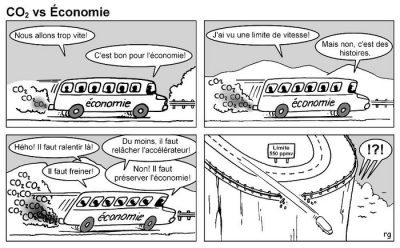 CO2 vs Économie, en quatre cases : un autobus « économie » fonce en crachant du CO2. « Nous allons trop vite ! » — « C’est bon pour l’économie ! » — « J’ai vu une limite de vitesse ! » — « Mais non, c’est des histoires. » — « Héo ! Il faut ralentir là ! » « Il faut freiner ! » — « Du moins, il faut relâcher l’accélérateur ! » « Non ! Il faut préserver l’économie ! » L’autobus manque le virage « Limite 550 ppmv » et plonge dans le vide.