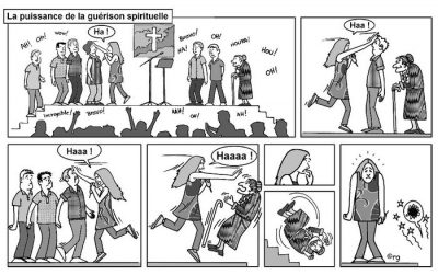 La puissance de la guérison spirituelle, en sept cases : sur scène, une guérisseuse frappe le front des fidèles, qui s’effondrent sous les acclamations (« Ha ! », « Bravo ! », « Incroyable ! ») ; lancée vers une vieille dame à canne, elle la projette au bas de l’escalier ; la dame, sonnée, voit des étoiles.