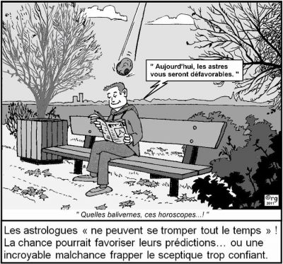 Sur un banc de parc, un homme lit son horoscope : « Aujourd’hui, les astres vous seront défavorables. » Il pense : « Quelles balivernes, ces horoscopes… ! », tandis qu’une météorite fond sur lui. Les astrologues « ne peuvent se tromper tout le temps » ! La chance pourrait favoriser leurs prédictions… ou une incroyable malchance frapper le sceptique trop confiant.