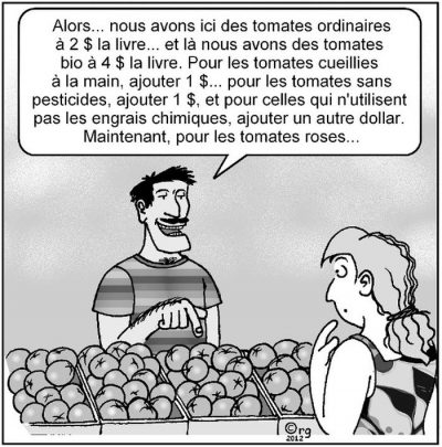 Au marché, un vendeur de tomates à une cliente : « Alors… nous avons ici des tomates ordinaires à 2 $ la livre… et là nous avons des tomates bio à 4 $ la livre. Pour les tomates cueillies à la main, ajouter 1 $… pour les tomates sans pesticides, ajouter 1 $, et pour celles qui n’utilisent pas les engrais chimiques, ajouter un autre dollar. Maintenant, pour les tomates roses… »