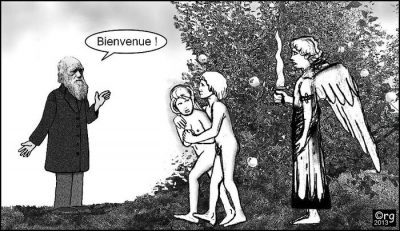 Darwin accueille Adam et Ève, chassés du jardin d’Éden par un ange à l’épée flamboyante : « Bienvenue ! »