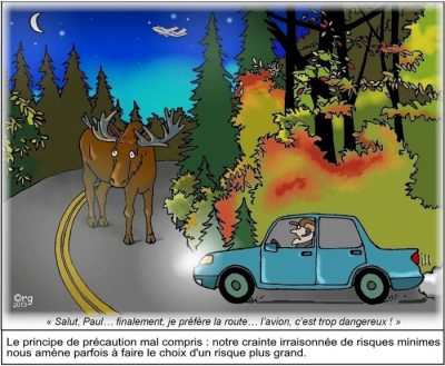 La nuit, sur une route forestière, un automobiliste frôle un orignal ; un avion passe au-dessus. « Salut, Paul… finalement, je préfère la route… l’avion, c’est trop dangereux ! » Le principe de précaution mal compris : notre crainte irraisonnée de risques minimes nous amène parfois à faire le choix d’un risque plus grand.