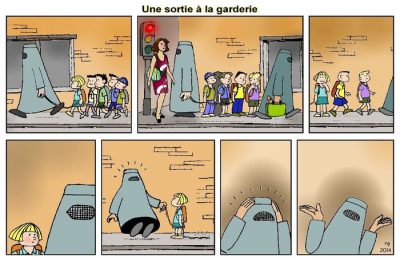 Une sortie à la garderie, en sept cases sans paroles : des éducatrices en burqa grillagée mènent une file d’enfants dans la rue ; une fillette lève les yeux vers la grille d’un voile ; l’éducatrice, décontenancée, finit par lever les mains.