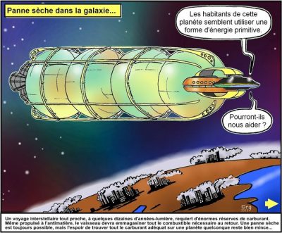 Panne sèche dans la galaxie… Un immense vaisseau aux réservoirs vides approche d’une Terre hérissée de cheminées d’usine. « Les habitants de cette planète semblent utiliser une forme d’énergie primitive. » — « Pourront-ils nous aider ? » Un voyage interstellaire tout proche, à quelques dizaines d’années-lumière, requiert d’énormes réserves de carburant. Même propulsé à l’antimatière, le vaisseau devra emmagasiner tout le combustible nécessaire au retour. Une panne sèche est toujours possible, mais l’espoir de trouver tout le carburant adéquat sur une planète quelconque reste bien mince…
