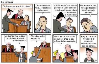 Le témoin, en huit cases. « Où étiez-vous le soir du crime ? » — « J’étais chez mon frère… c’était son anniversaire. » — « Voici le reçu d’une facture payée sur votre carte de crédit à votre nom, dans un restaurant, le même soir. » — « Ma femme et moi, nous partageons la même carte de crédit. » — « Je demande à la cour de déclarer le témoin non crédible ! » — « Objection votre Honneur ! Nous avons une photo du témoin prise le soir même de l’anniversaire. » Leçon : ne vous fiez pas à la gestuelle, concentrez-vous sur les paroles.