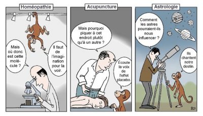 En trois cases, un singe souffle ses réponses. Homéopathie, au microscope : « Mais où donc est cette molécule ? » — « Il faut de l’imagination pour la voir. » Acupuncture : « Mais pourquoi piquer à cet endroit plutôt qu’à un autre ? » — « Écoute la voix de l’effet placebo. » Astrologie, au télescope : « Comment les astres pourraient-ils nous influencer ? » — « Ils chantent notre destin. »